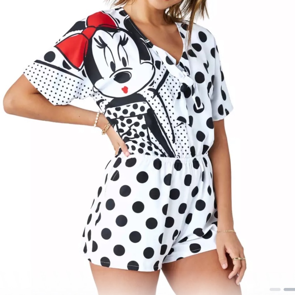 Disneyland Paris Minnie Mouse White Black Red Polka Dot Shorts Romper US Small